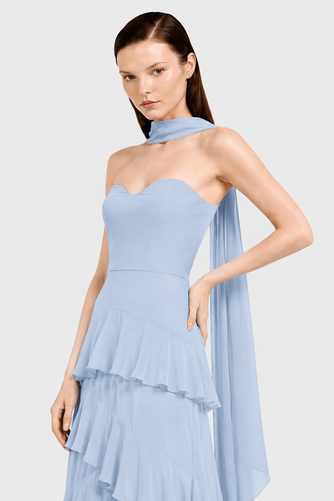 Tiered Ruffle Chiffon Maxi Dress in Powder Blue
