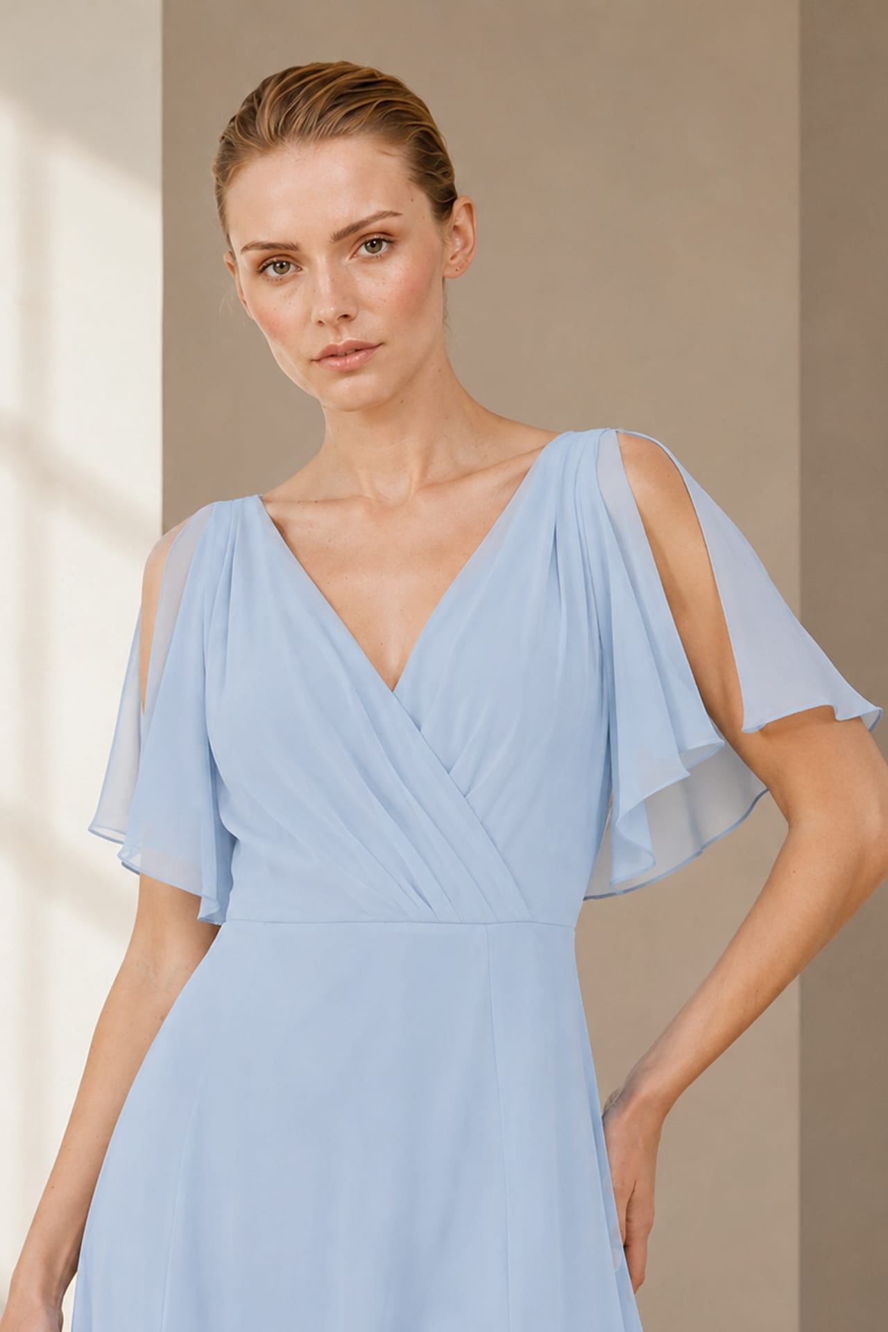 Powder Blue Chiffon Cold Shoulder Maxi Dress
