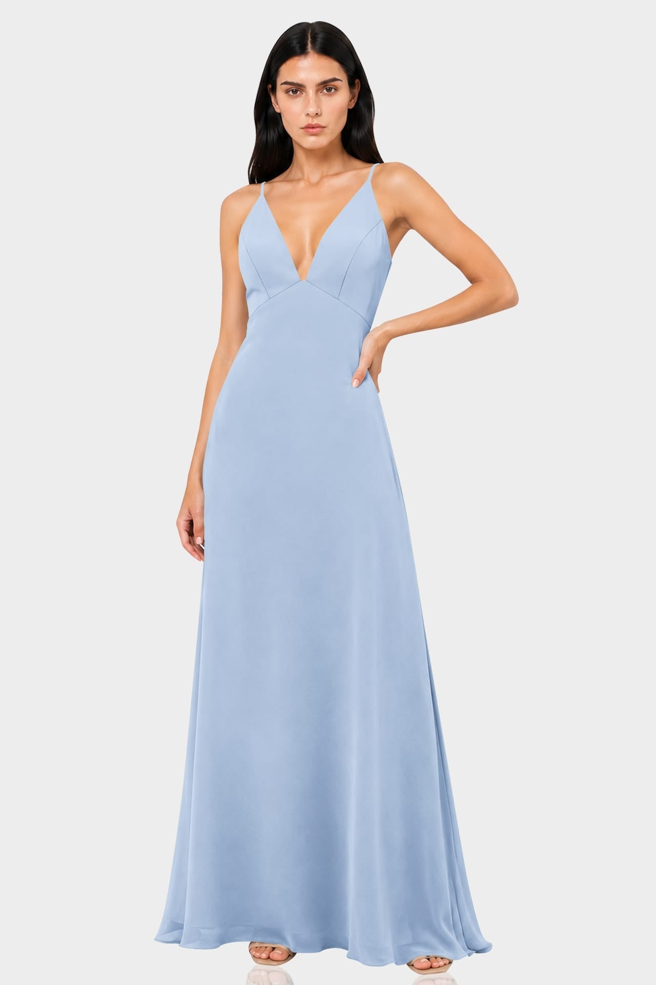 Powder Blue Plunge V-Neck Satin Maxi Dress