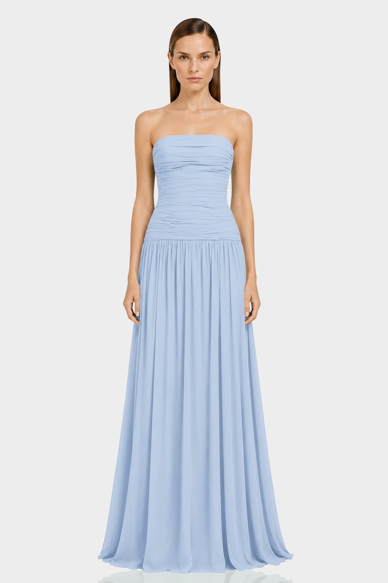 Powder Blue Strapless Ruched Chiffon Maxi Dress