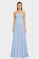 Powder Blue Strapless Ruched Chiffon Maxi Dress