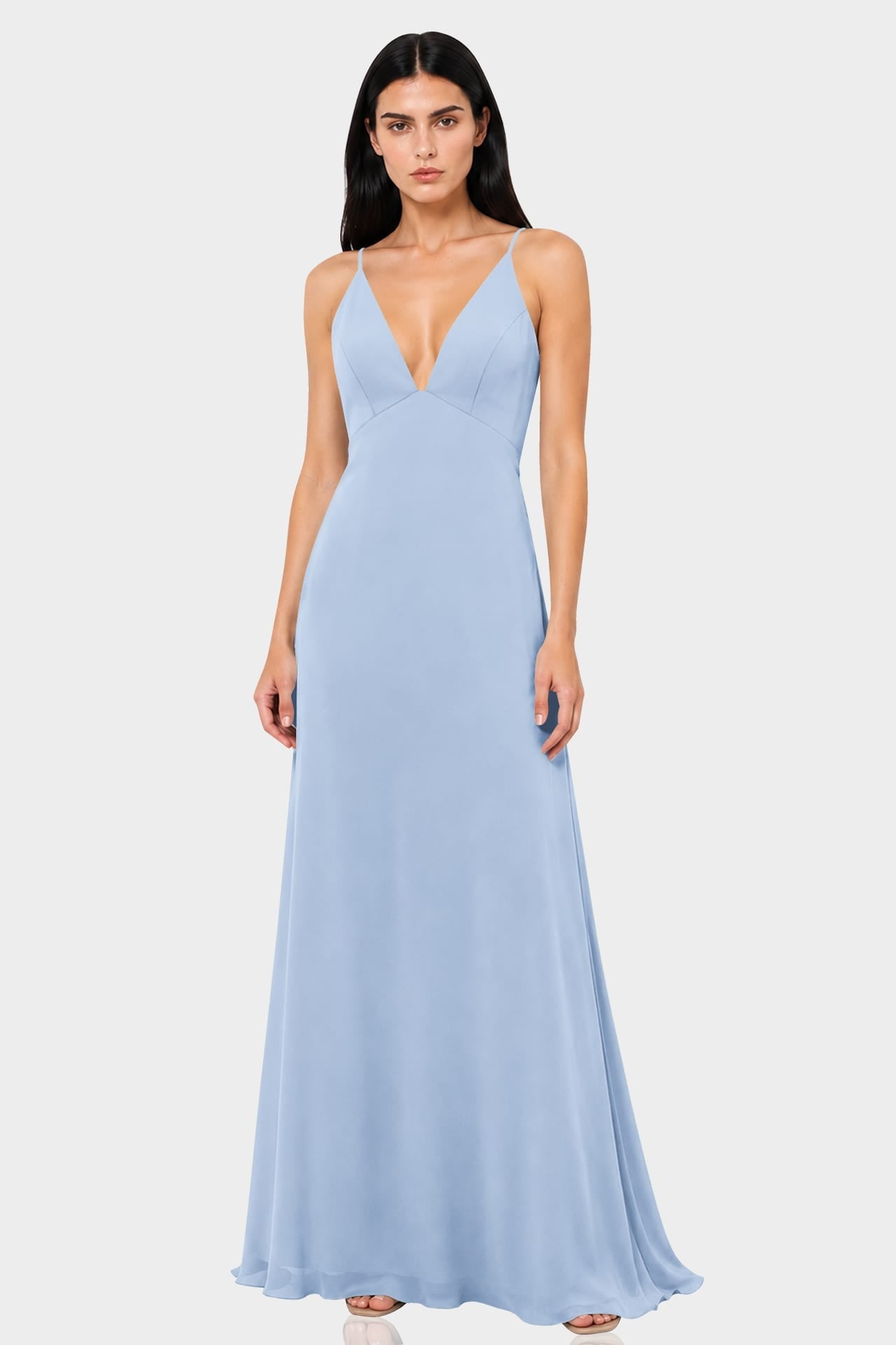 Powder Blue Plunge V-Neck Satin Maxi Dress
