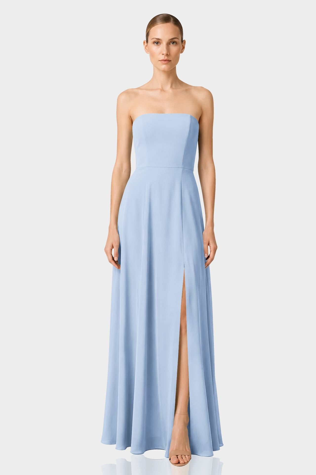 Powder Blue Strapless Satin Maxi Dress with Side Slit
