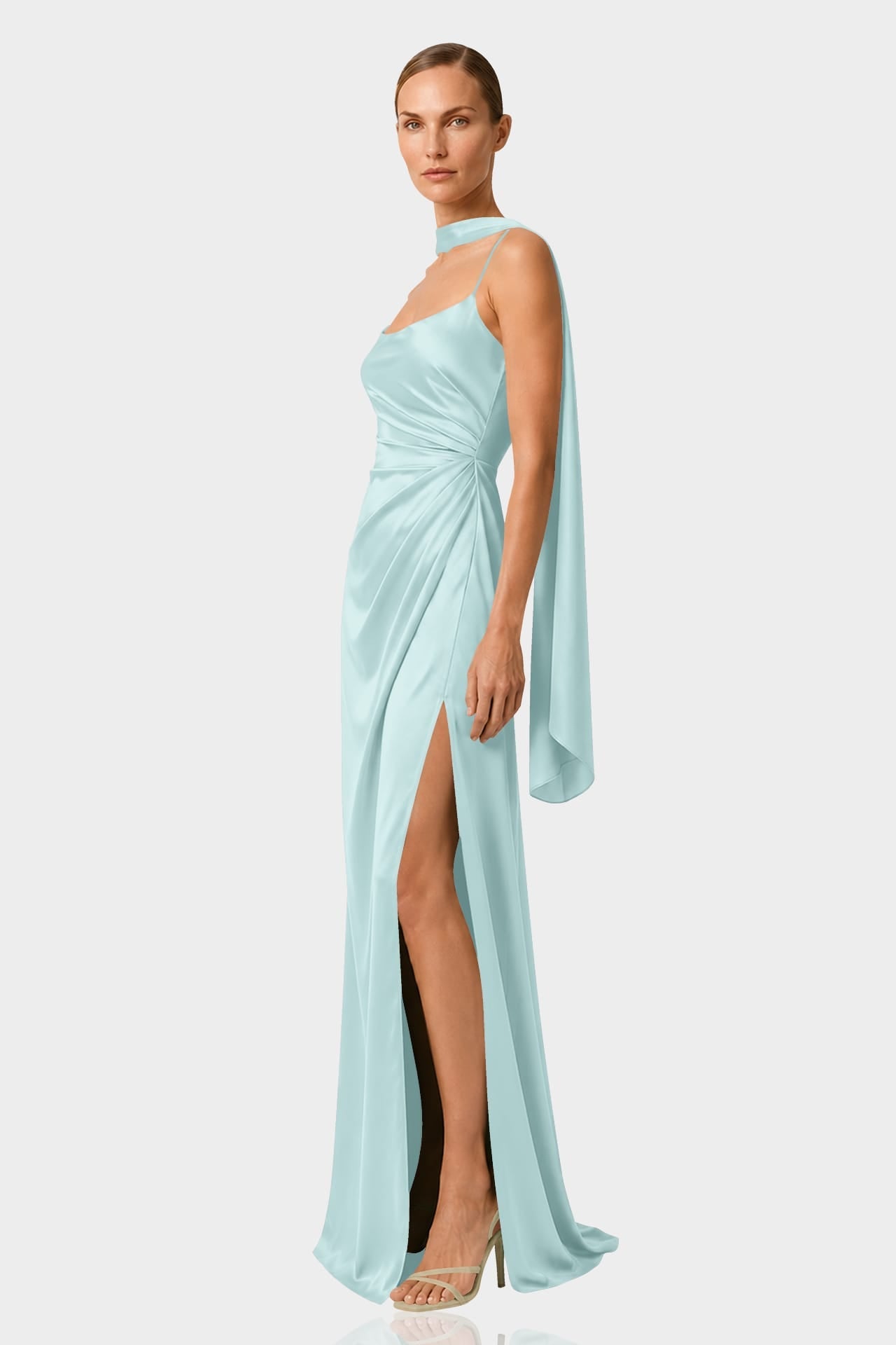 Aqua Green  Square Neckline Draped Satin Maxi Dress