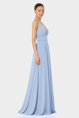 Powder Blue Plunge Neck Chiffon Maxi Dress