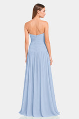 Powder Blue Strapless Ruched Chiffon Maxi Dress