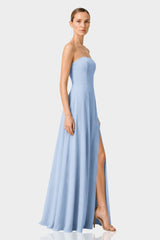 Powder Blue Strapless Satin Maxi Dress with Side Slit