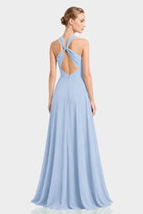 Powder Blue Chiffon Twist Halter Maxi Dress
