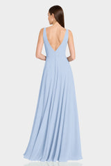 Powder Blue Ruched V-Neck Chiffon Fit-and-Flare Dress