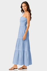 Elegant Powder Blue Flowy Cotton Maxi Dress with Tiered Detailing