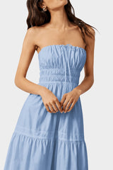 Elegant Powder Blue Flowy Cotton Maxi Dress with Tiered Detailing