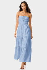 Elegant Powder Blue Flowy Cotton Maxi Dress with Tiered Detailing