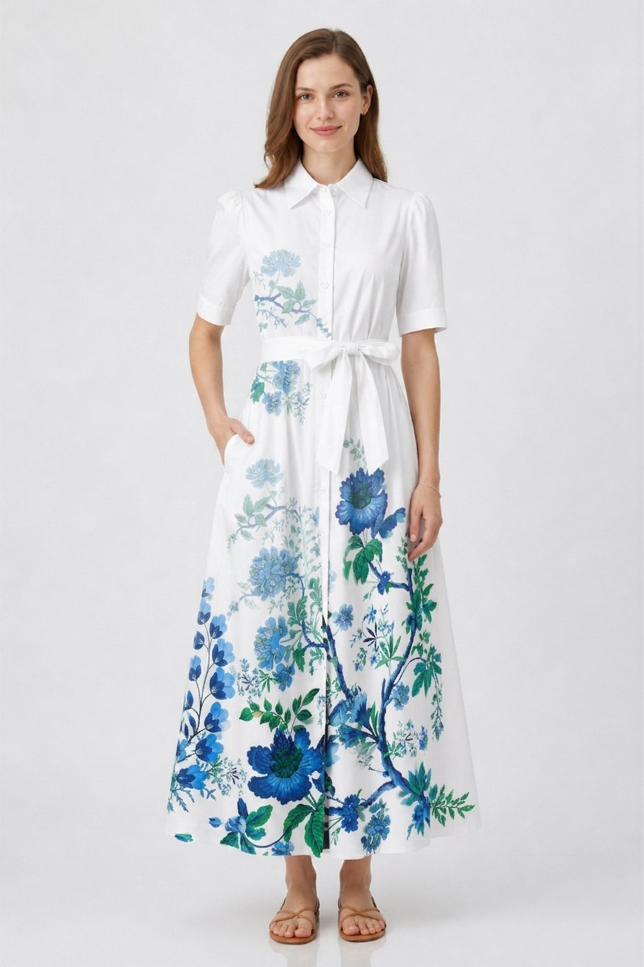 Blue Floral Cotton Poplin Midi Shirt Dress