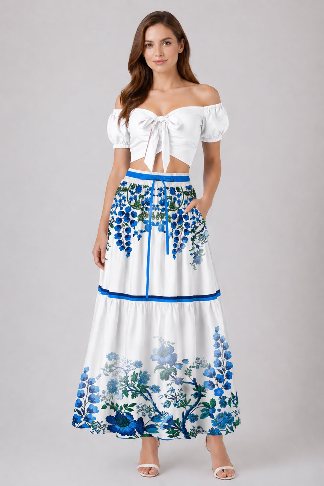 Blue Floral High Waisted Tiered Maxi Skirt with Pockets and Tie Waist