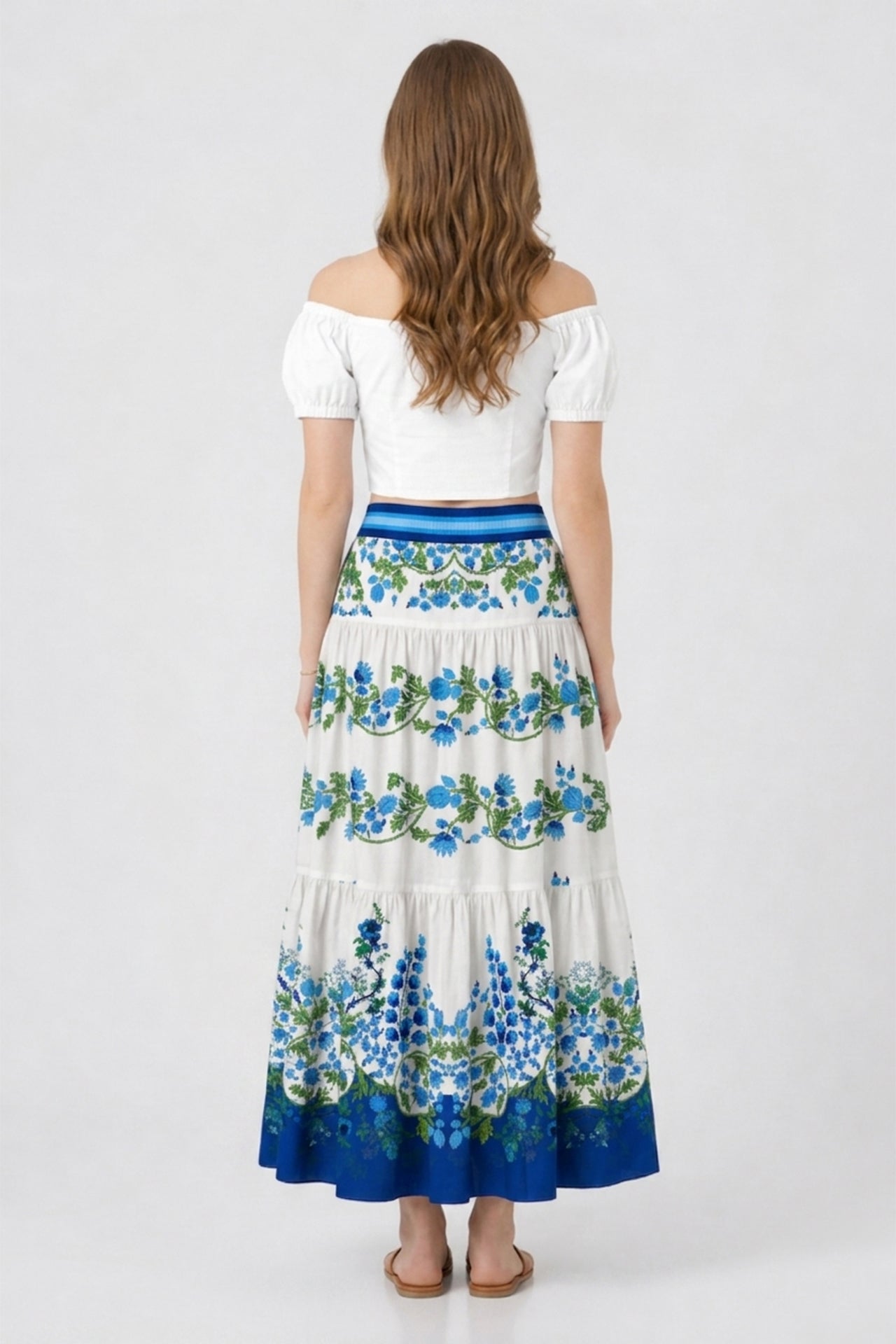 Blue Floral Multi Tier Maxi Skirt with Drawstring Waist