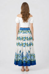 Blue Floral Multi Tier Maxi Skirt with Drawstring Waist