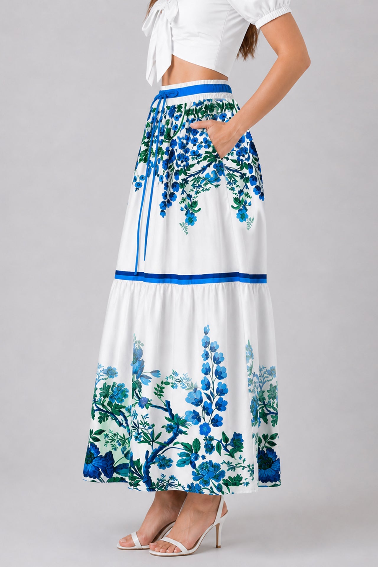 Blue Floral High Waisted Tiered Maxi Skirt with Pockets and Tie Waist