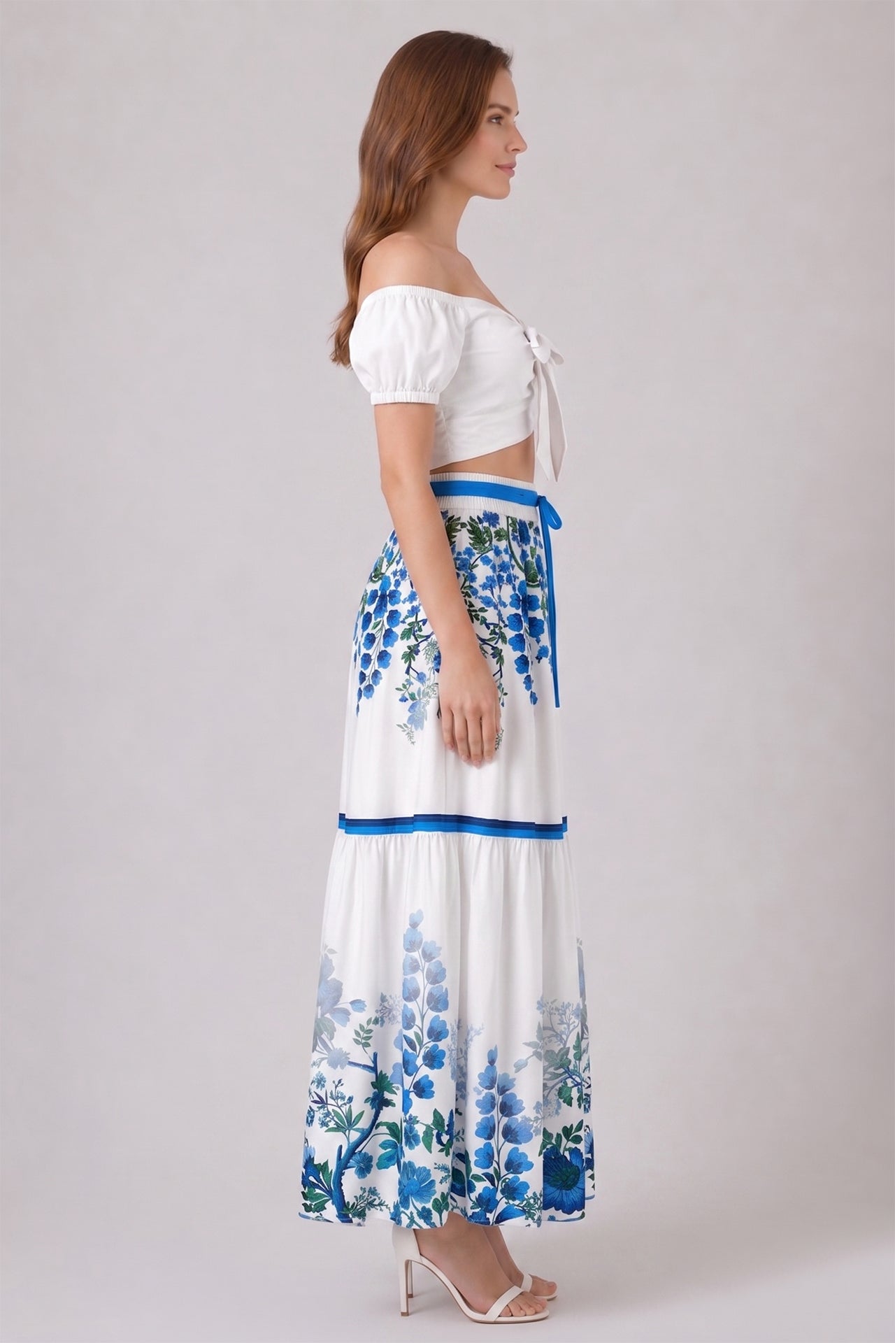Blue Floral High Waisted Tiered Maxi Skirt with Pockets and Tie Waist