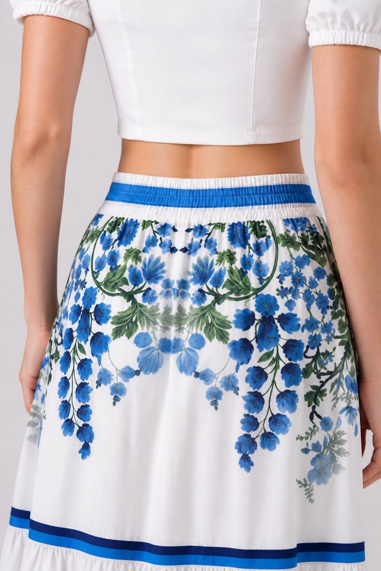 Blue Floral High Waisted Tiered Maxi Skirt with Pockets and Tie Waist
