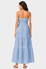 Elegant Powder Blue Flowy Cotton Maxi Dress with Tiered Detailing