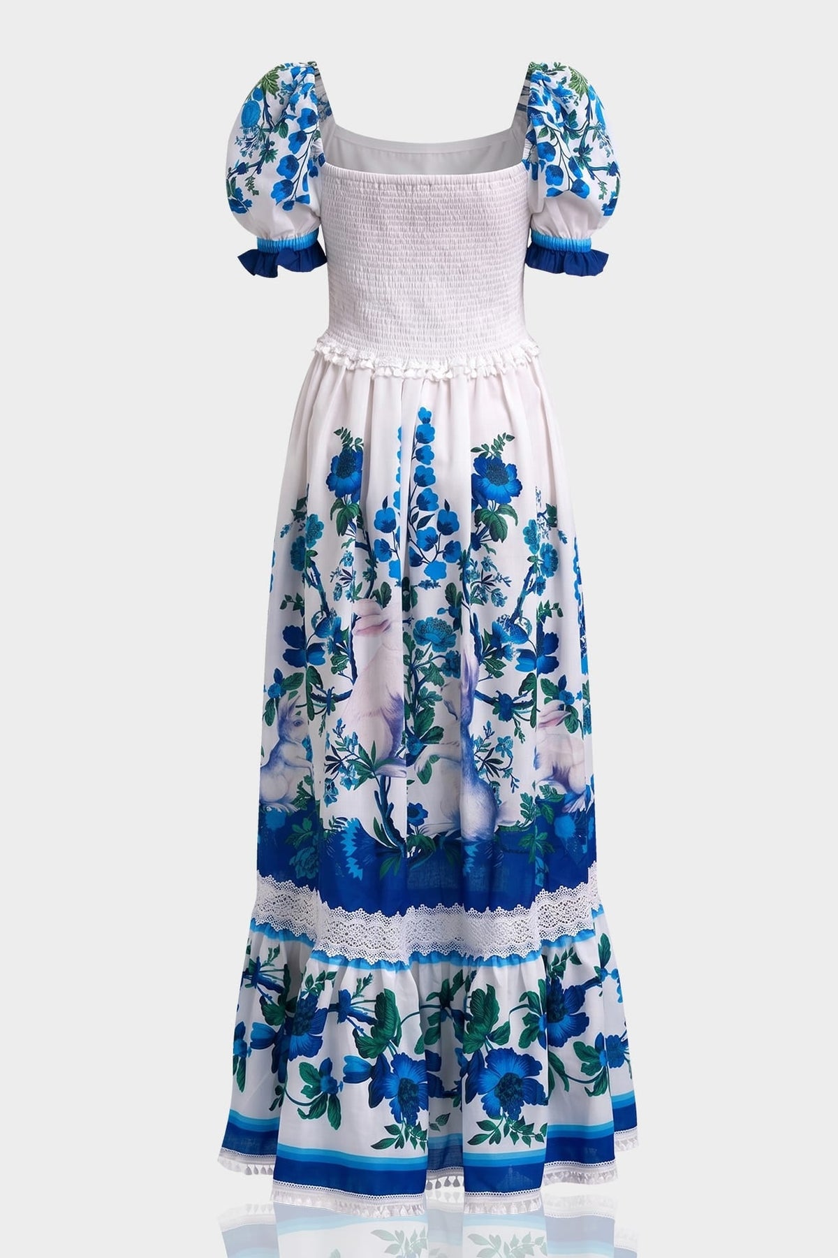 White & Blue Floral Voile Maxi Dress with Guipure Lace Trim