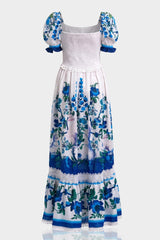 White & Blue Floral Voile Maxi Dress with Guipure Lace Trim