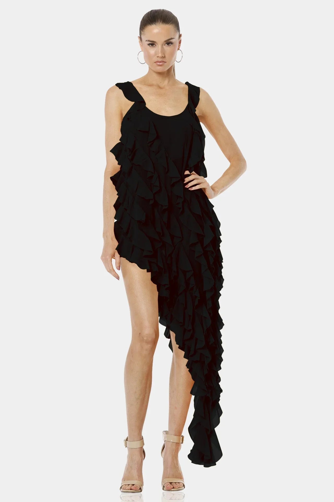 Carmen Short Sleeveless Black Ruffle Dress with Long Overlay