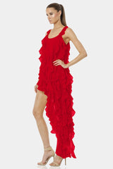 Carmen Flaming Red Sleeveless Dress Long Ruffled Overlay