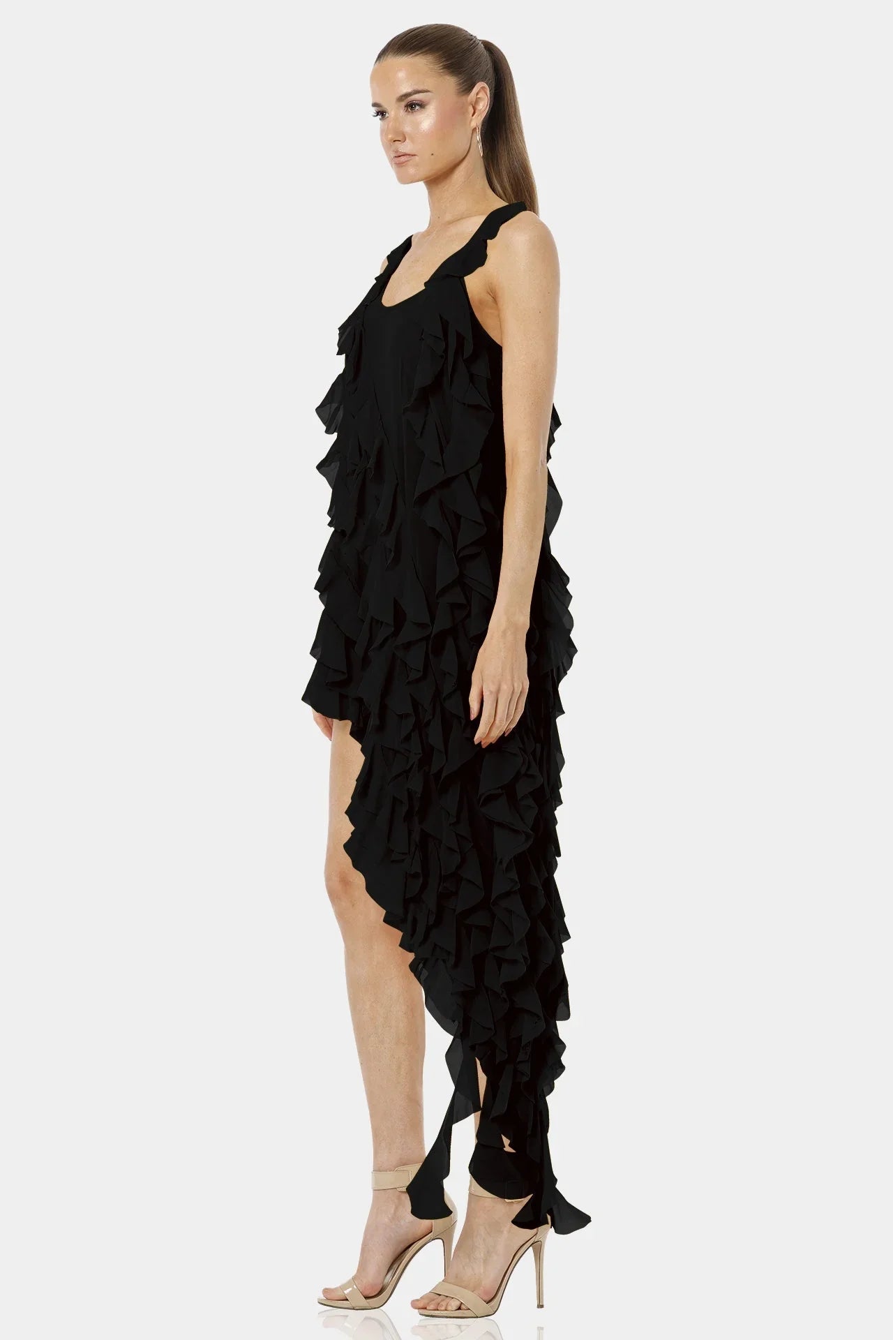 Carmen Short Sleeveless Black Ruffle Dress with Long Overlay