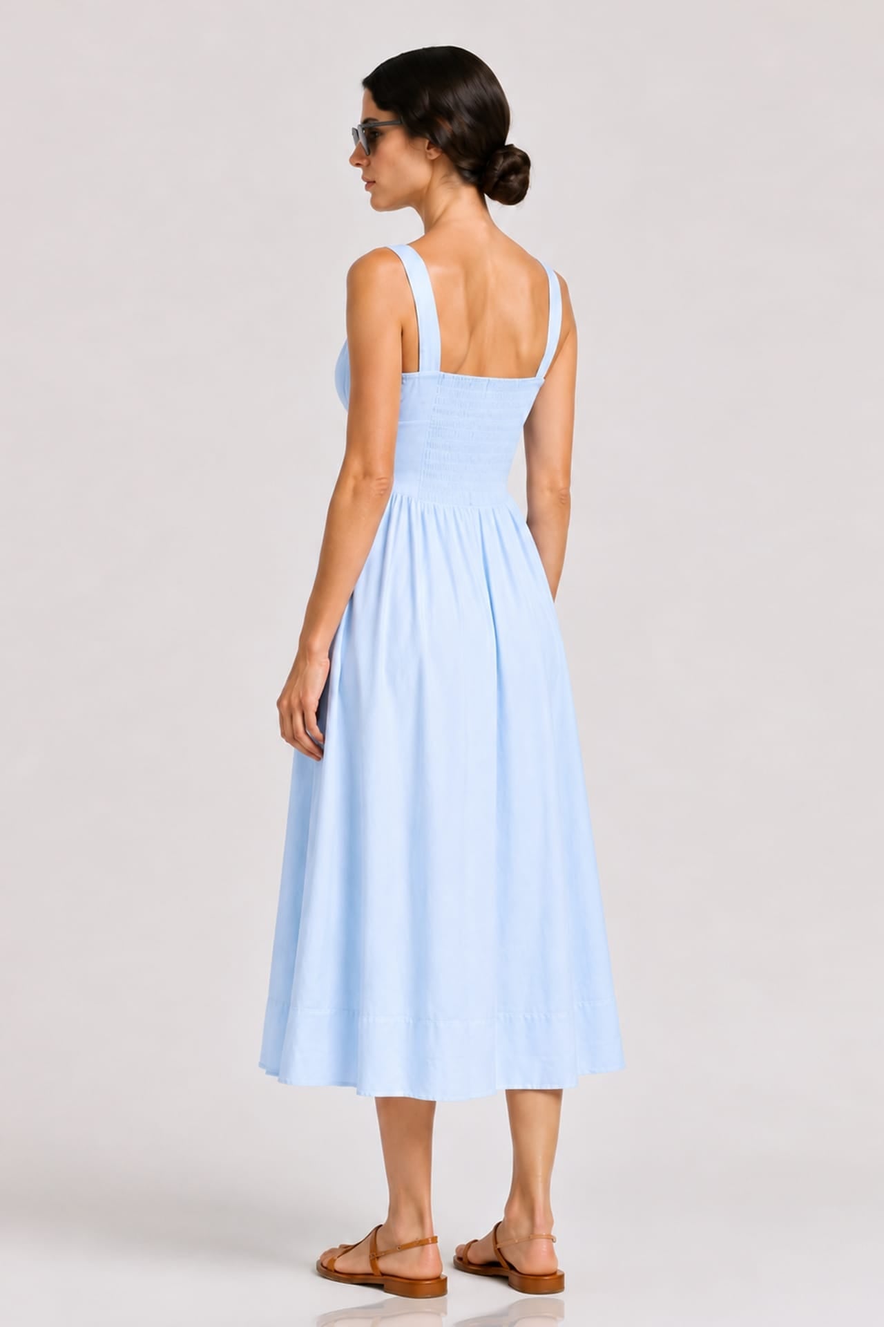 Sky Blue Linen Corset Midi Dress with Square Neckline – Bridal Shower Dress