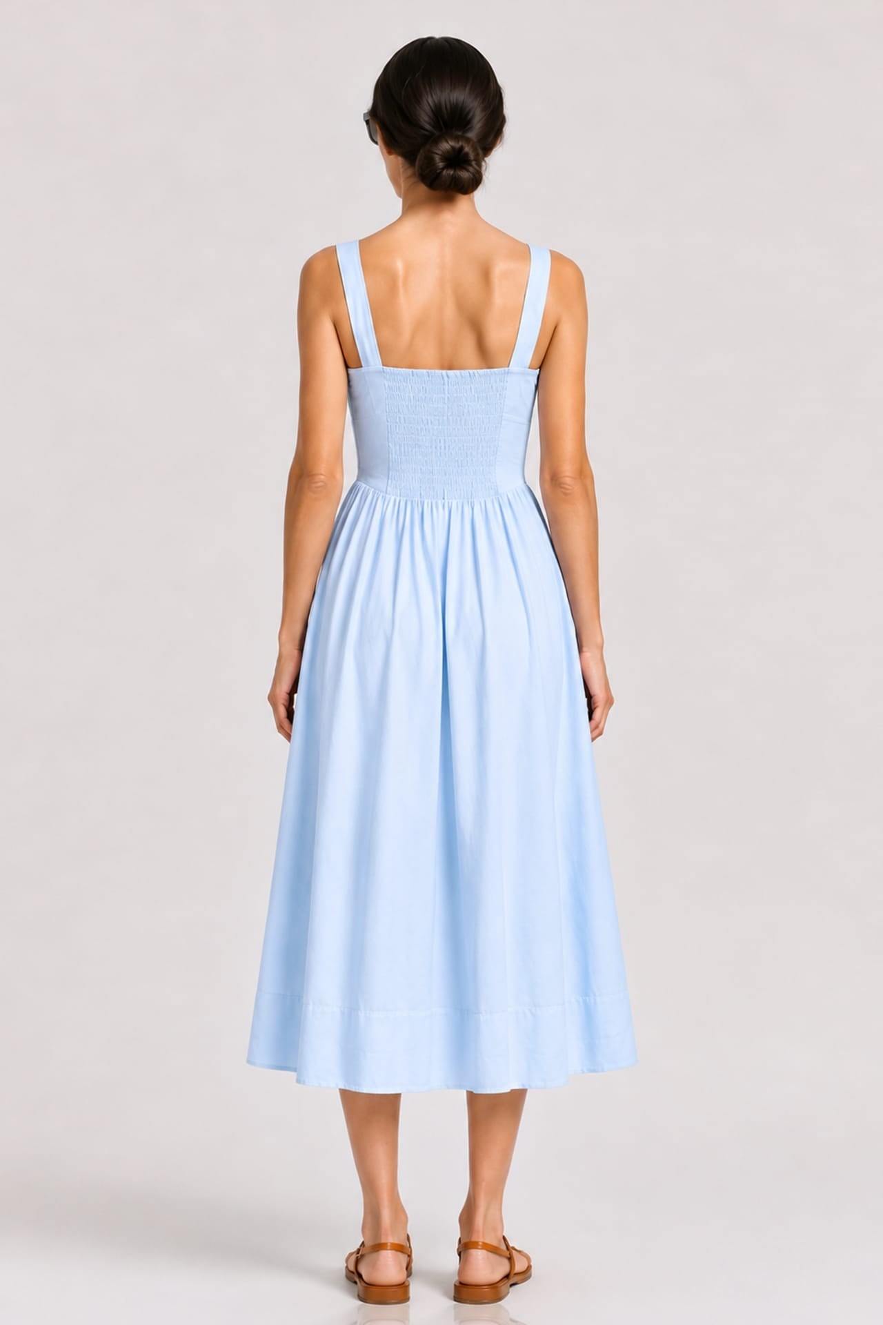 Sky Blue Linen Corset Midi Dress with Square Neckline – Bridal Shower Dress
