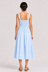 Sky Blue Linen Corset Midi Dress with Square Neckline – Bridal Shower Dress