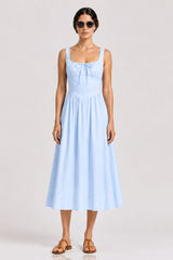 Sky Blue Linen Corset Midi Dress with Square Neckline – Bridal Shower Dress