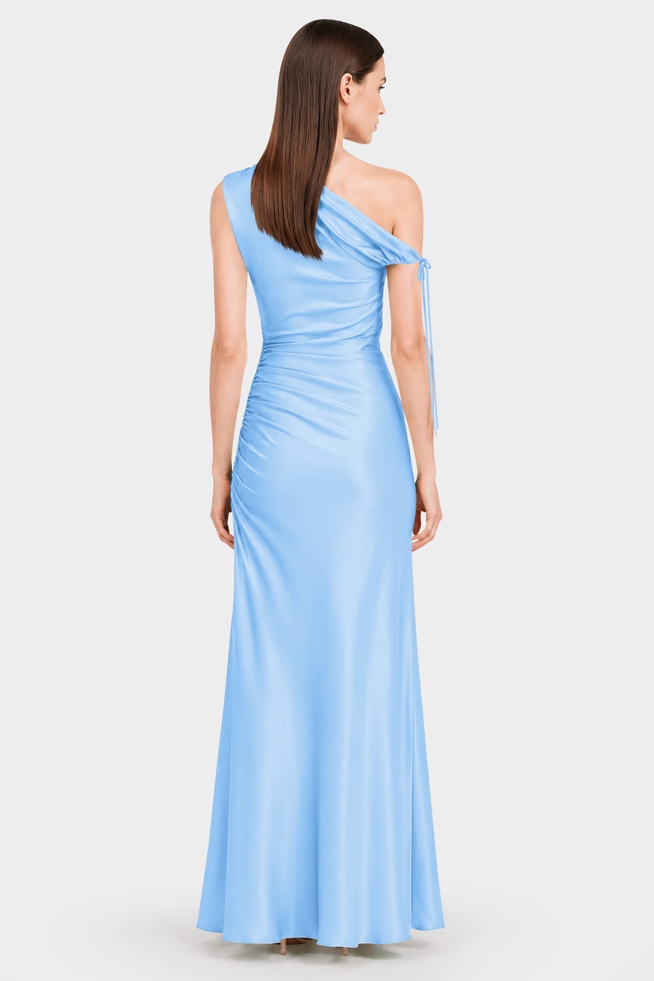 Elegant Sky Blue One Shoulder Gathered Stretch Satin Maxi Dress for Beach Weddings