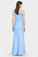 Elegant Sky Blue One Shoulder Gathered Stretch Satin Maxi Dress for Beach Weddings