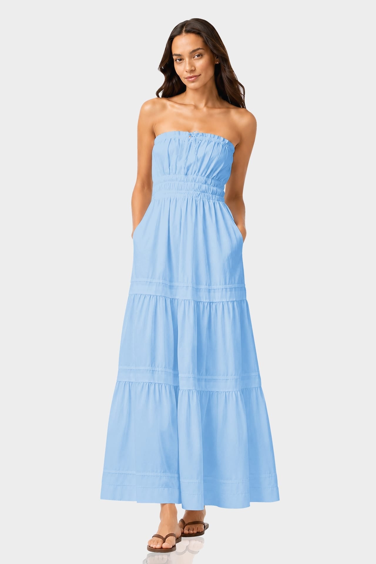 Sky Blue Tiered Cotton Maxi Dress with Smocked Waist – Vacation Dress for Women