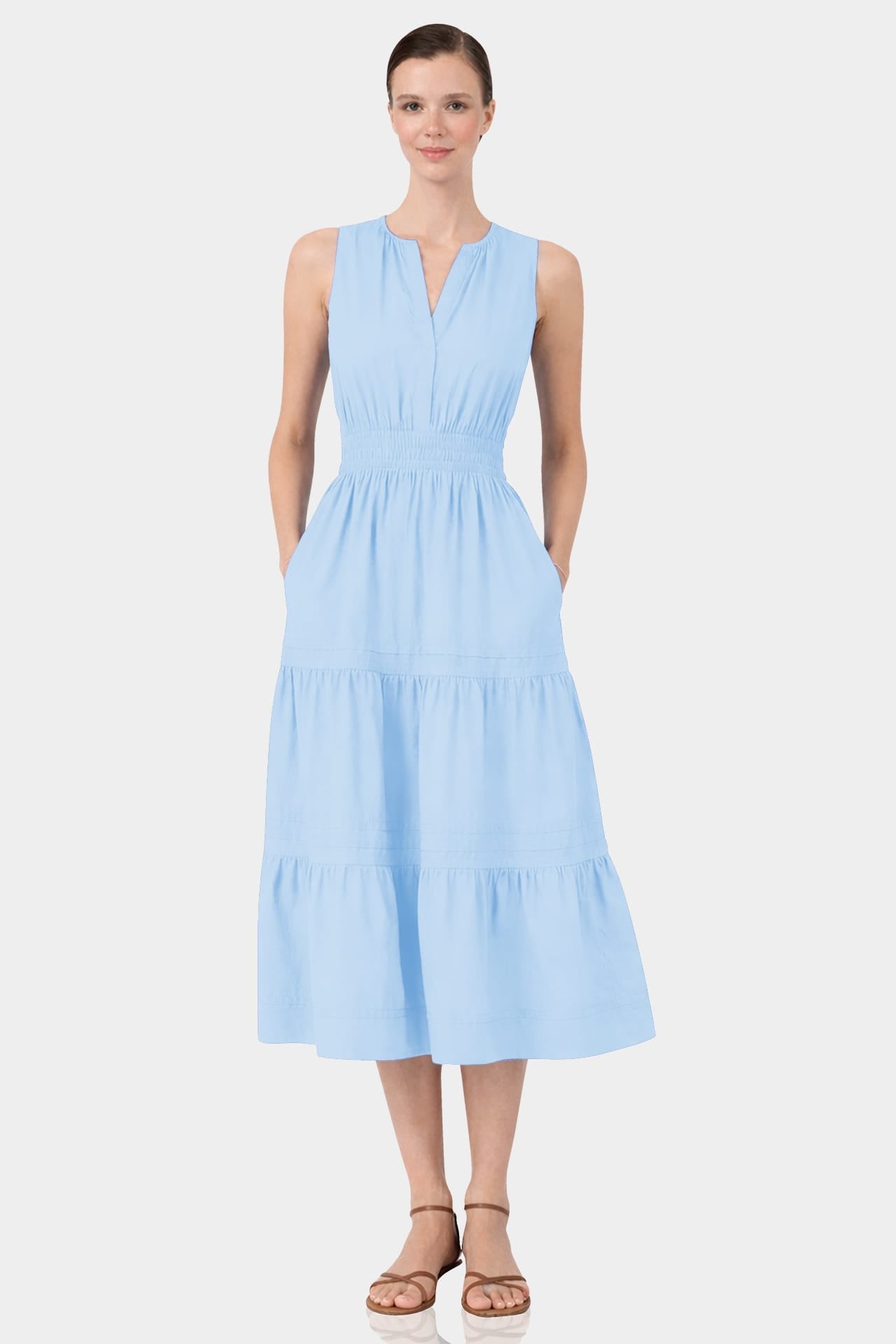 Sky Blue Smocked Waist Cotton Midi Dress for Women – Vacation Ready Midi Dress