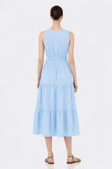 Sky Blue Smocked Waist Cotton Midi Dress for Women – Vacation Ready Midi Dress