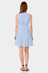 Steel Blue Sleeveless Smocked Waist Cotton Mini Dress – Minimalist Bridal Shower Dress