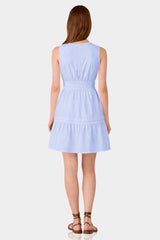 Icy Blue Smocked Waist Cotton Mini Dress for Women with Pockets – Casual Vacation Dress
