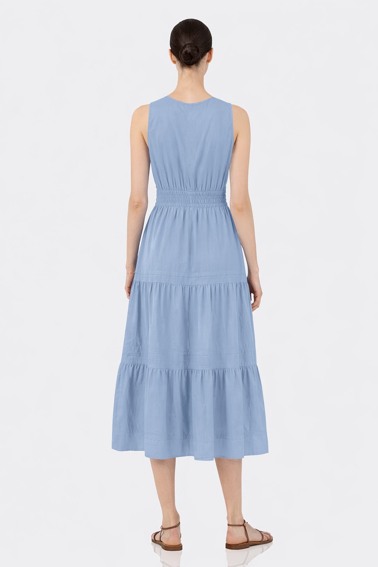 Steel Blue Cotton Poplin Midi Dress for Women – Elegant Daytime Dress