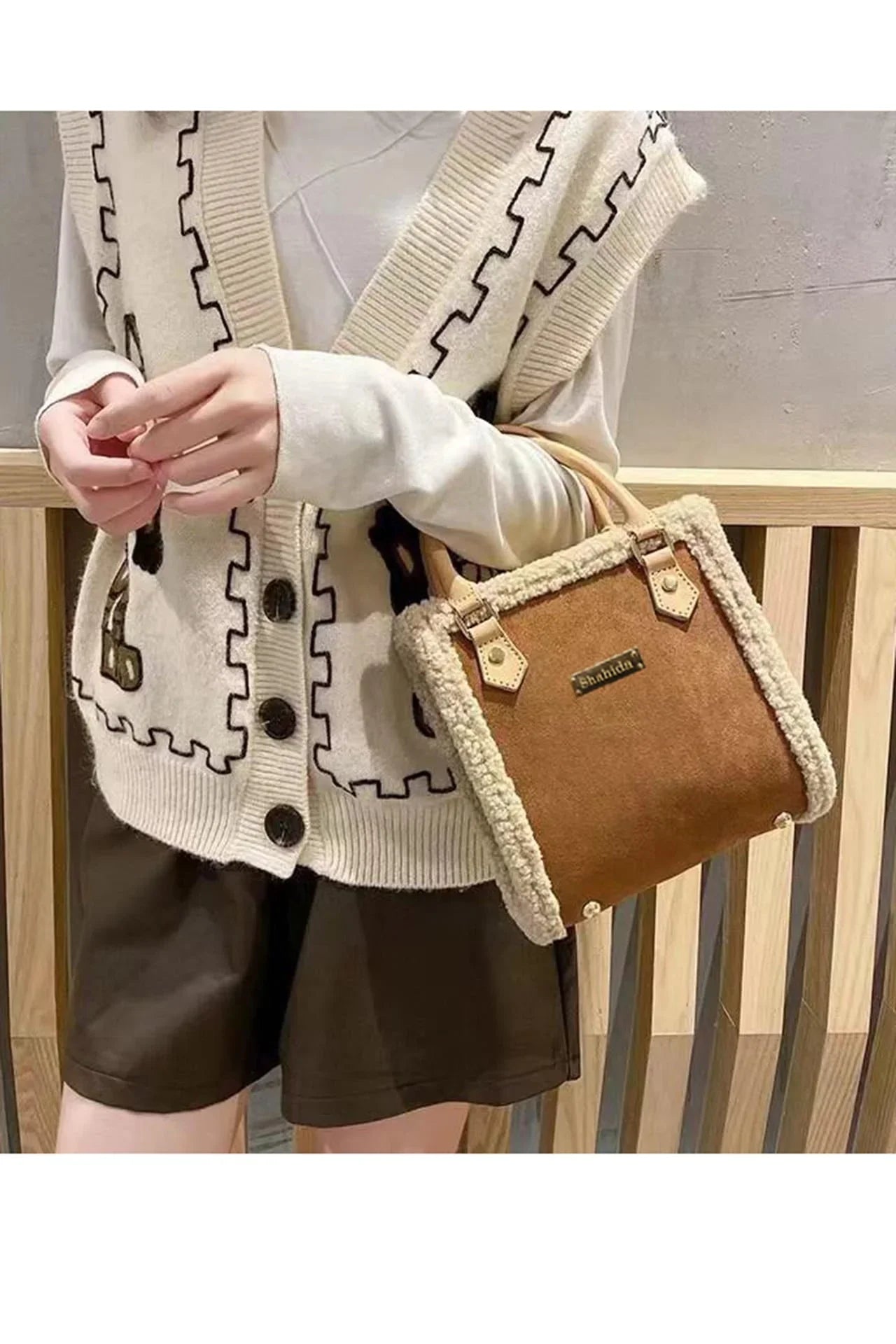 Brown Mini Fluffy Edge Handbag