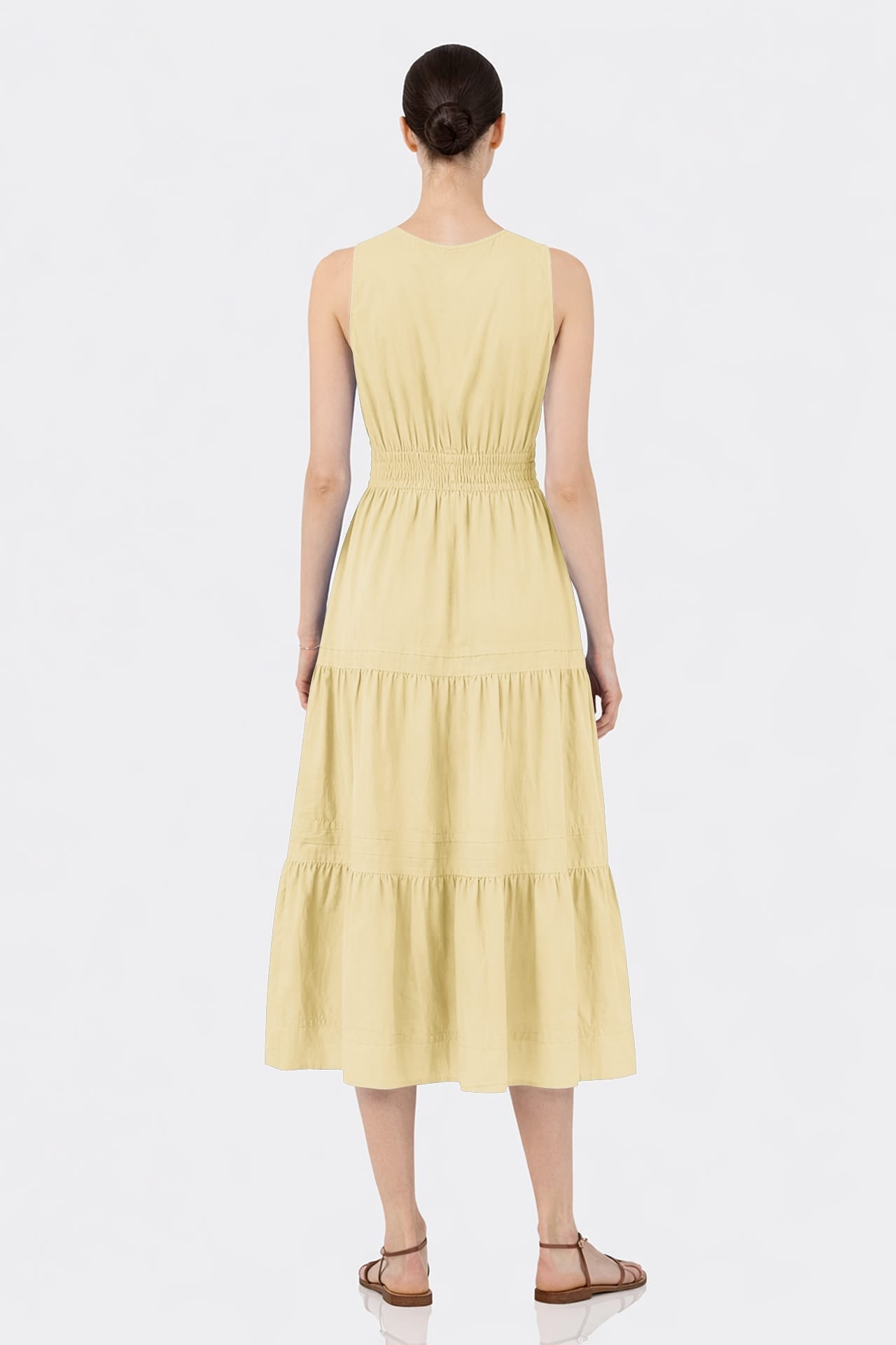 Champagne Sleeveless Cotton Poplin Midi Dress – Smocked Waist Work Dress