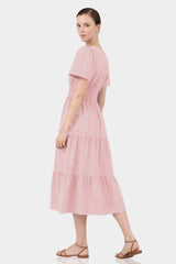 Blush Pink Smocked Waist Midi Day Dress for Women