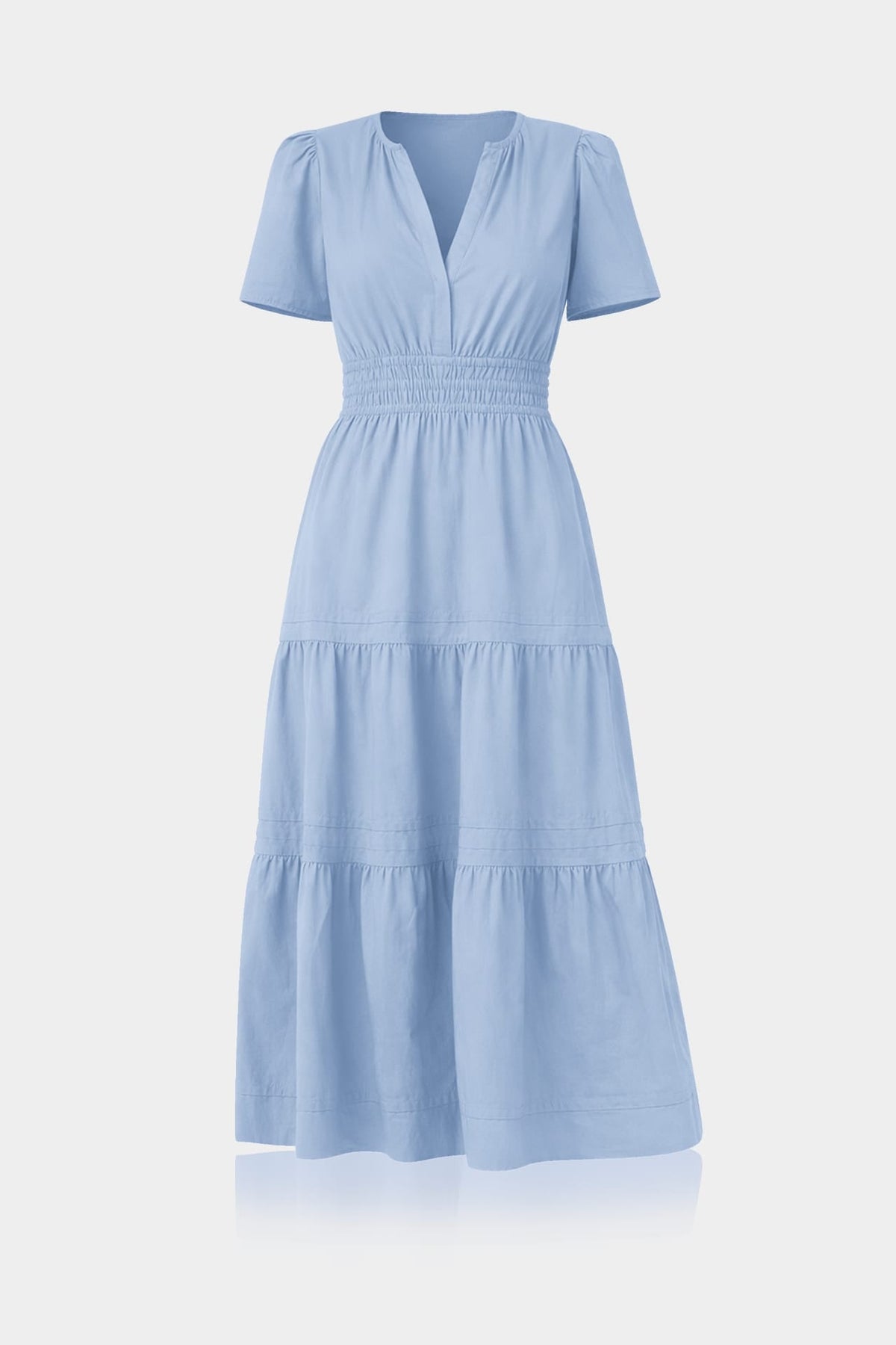 Powder Blue Smocked Waist Tiered Cotton Midi Dress for Women – Fit-and-Flare Dress