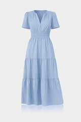 Powder Blue Smocked Waist Tiered Cotton Midi Dress for Women – Fit-and-Flare Dress