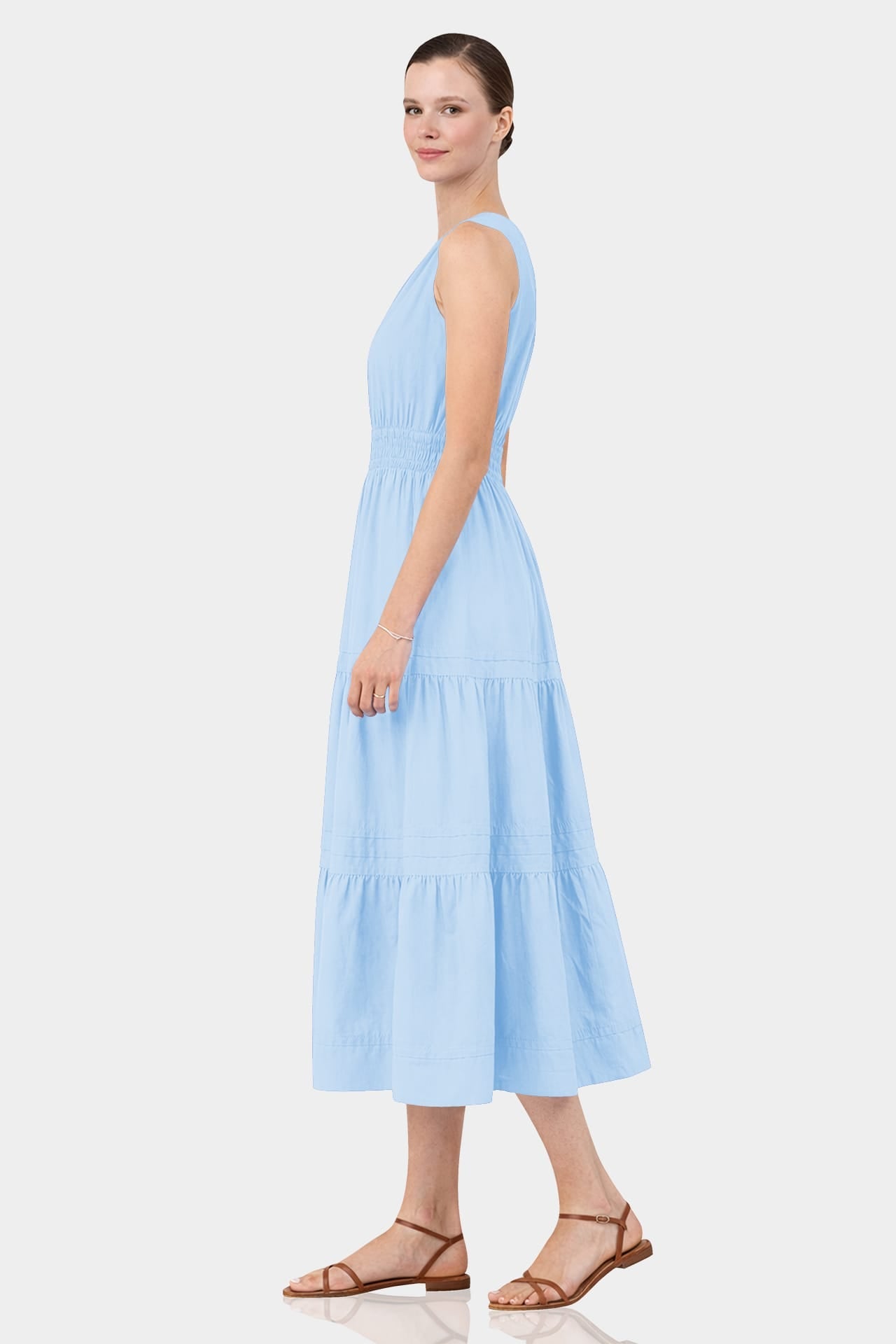 Sky Blue Smocked Waist Cotton Midi Dress for Women – Vacation Ready Midi Dress