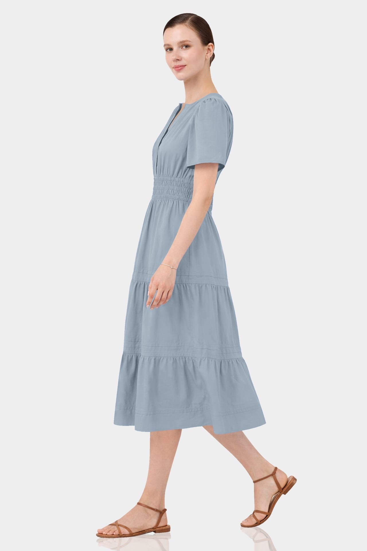 Dusty Blue Smocked Waist Cotton Midi Dress for Women – Business Casual & Everyday Wear
