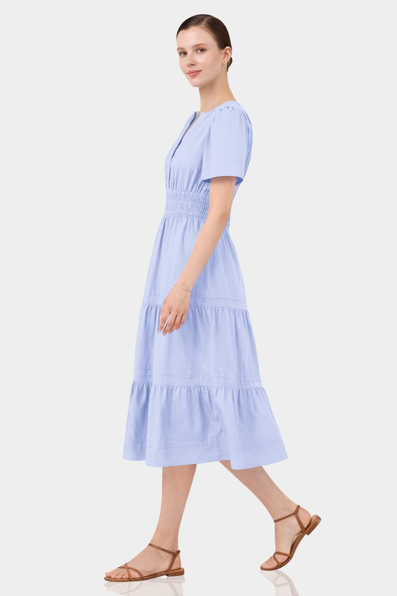 Icy Blue Vacation Tiered Midi Dress for Women – European Summer Dress