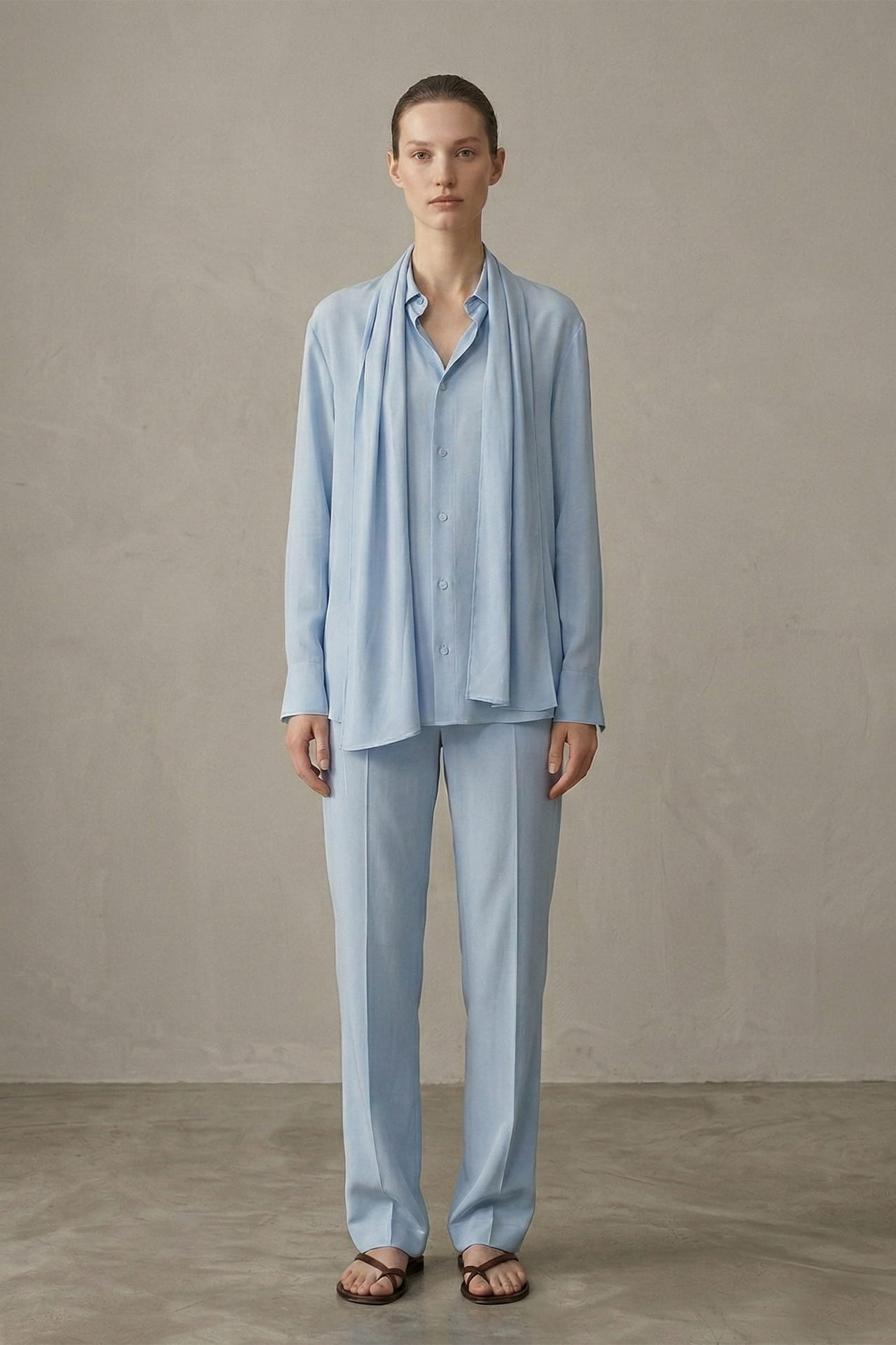Scarf-Detailed Silk-Georgette Shirt in Powder Blue